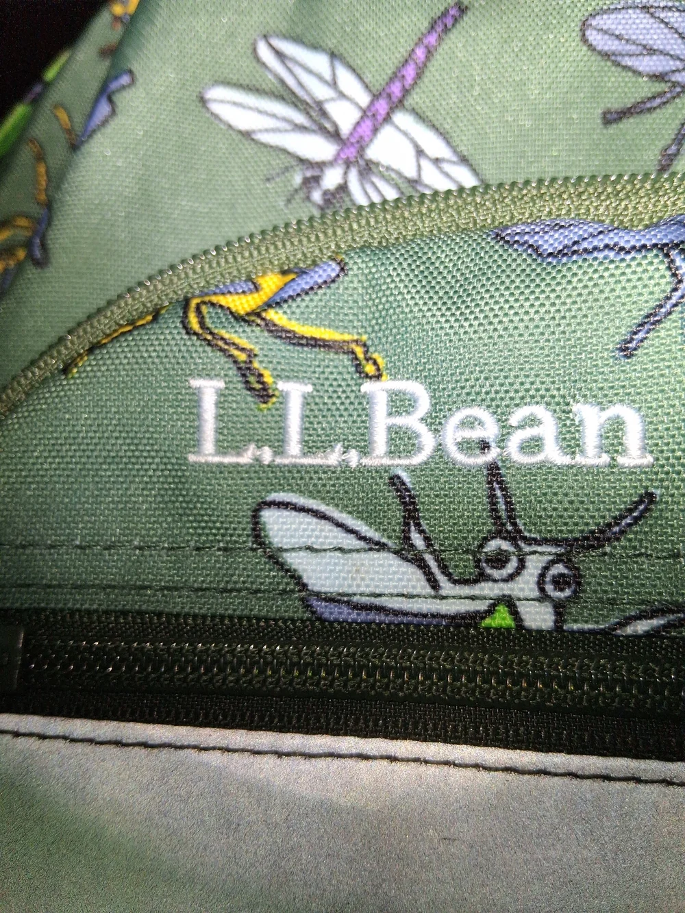 L.L. Bean Olive Green Kids Backpack with Colorful Bug Print